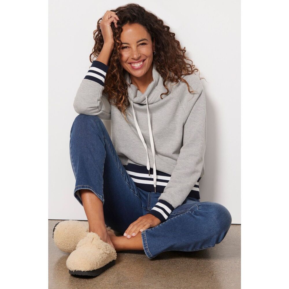 Evereve Presley Sweatshirt Womens Large L Gray Funnel Neck Varsity Stripe Terry